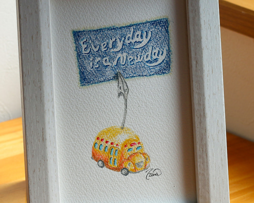 ハガキサイズ ほのぼの癒しのオリジナル手描き色鉛筆画 毎日が