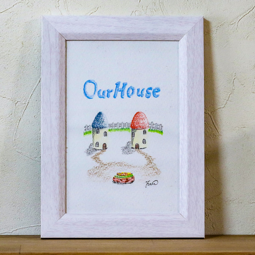ハガキサイズ ほのぼの癒しのオリジナル手描き色鉛筆画 僕たちの家