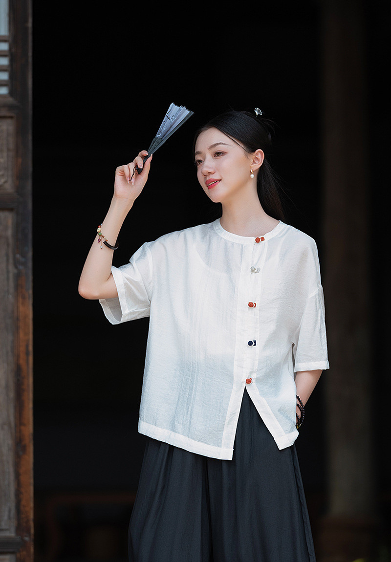 天然繊維天糸軽薄シャツ 木材パルプ繊維制ガス透過性ブラウス #白色