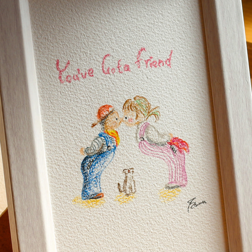 ハガキサイズ ほのぼの癒しのオリジナル手描き色鉛筆画 君の友達