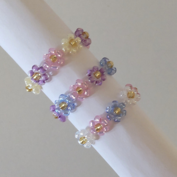 ピンクパープルセット フラワービーズアクセサリー ビーズリング 花 ピンク×パープル×ゴールド 3個セット 韓国