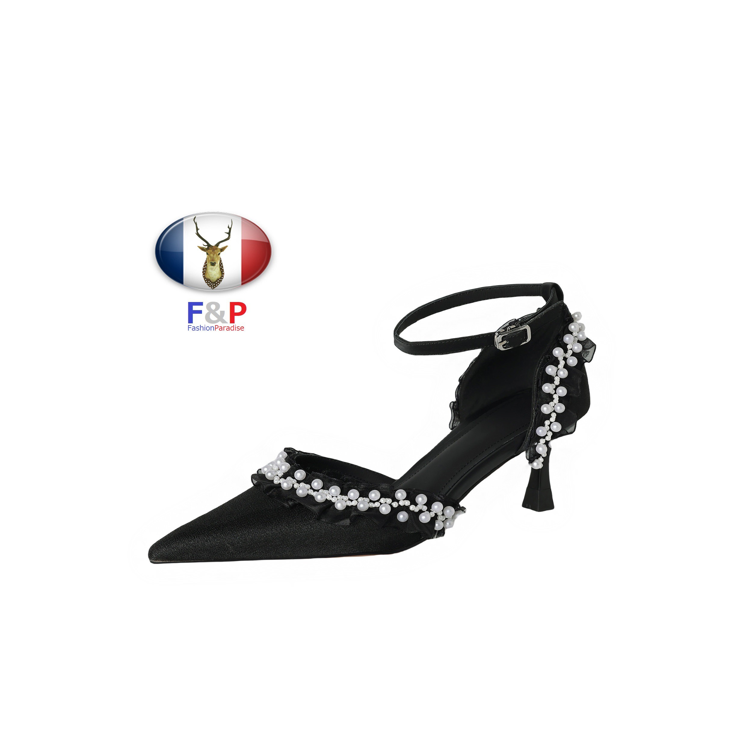 ポインテッドトゥハラコレザーパールフリルレースシースルーメッシュアンクルストラップサンダル全2色