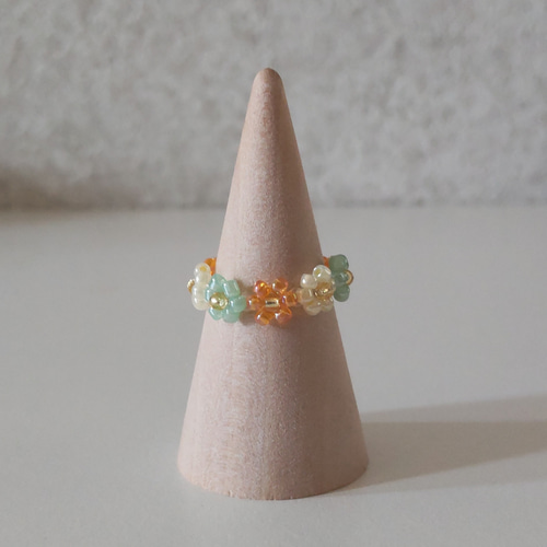 ビーズリング 花 オレンジ×イエロー×ゴールド 韓国アクセサリー 指輪