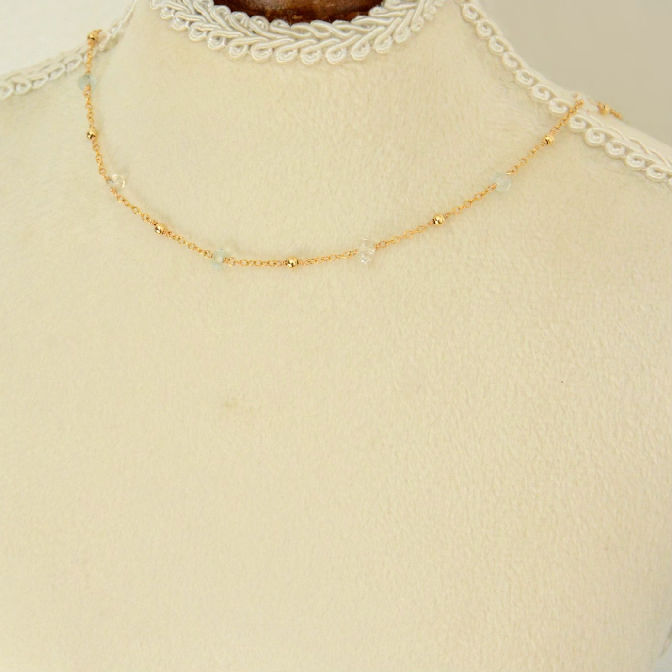 14kgf  アクアマリン × ハーキマーダイヤモンド ステーションネックレス