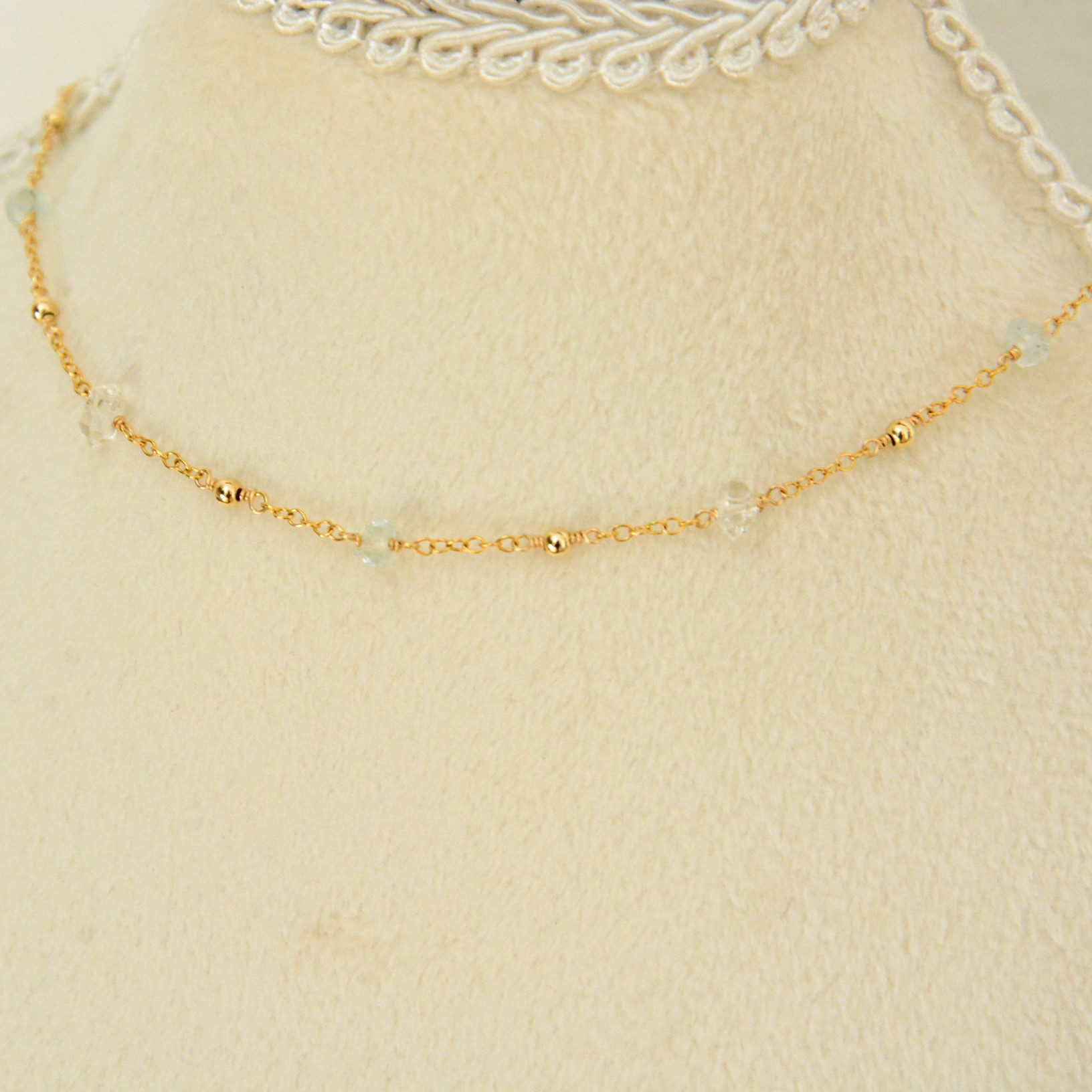 14kgf  アクアマリン × ハーキマーダイヤモンド ステーションネックレス