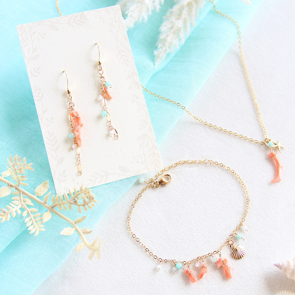 【humming Mermaid -3点セット-】ピアス（イヤリング） ブレスレット ネックレス/14kgf, 珊瑚
