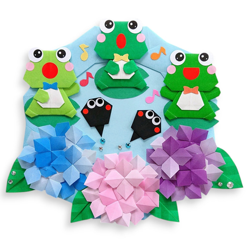 折り紙リース】カエルの合唱♪ 梅雨 壁面飾り タペストリー・壁掛け