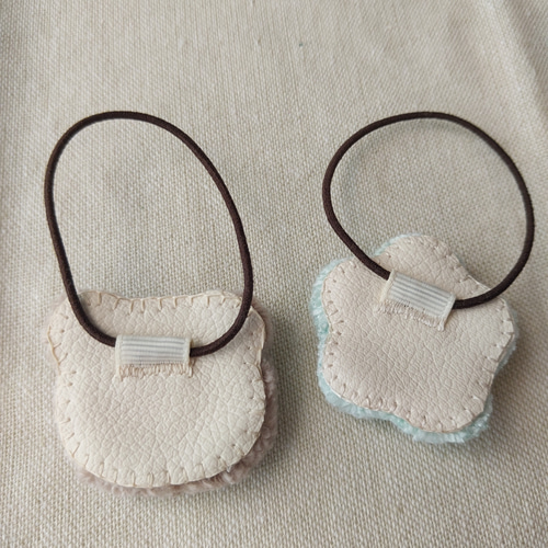 くまとお花のヘアゴム2個セット（ミント）】パンチニードル フリー