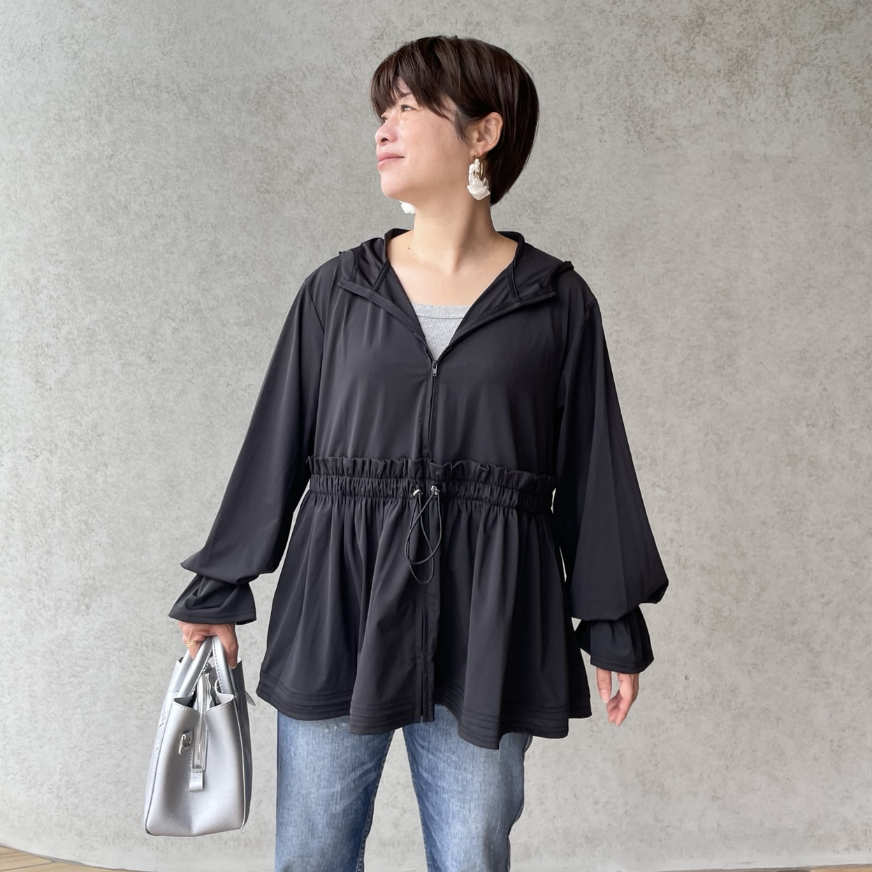 小柄S■水陸両用【UVカット99％】さらさら冷感接触♡大人可愛いラッシュガードパーカー 黒■KMC-770 620783