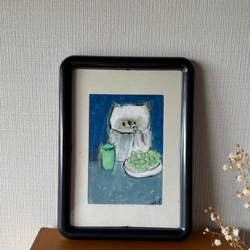 限定セール 絵画。原画【猫ちゃんは緑のブドウとジュースに恋をした】 絵画 絵画