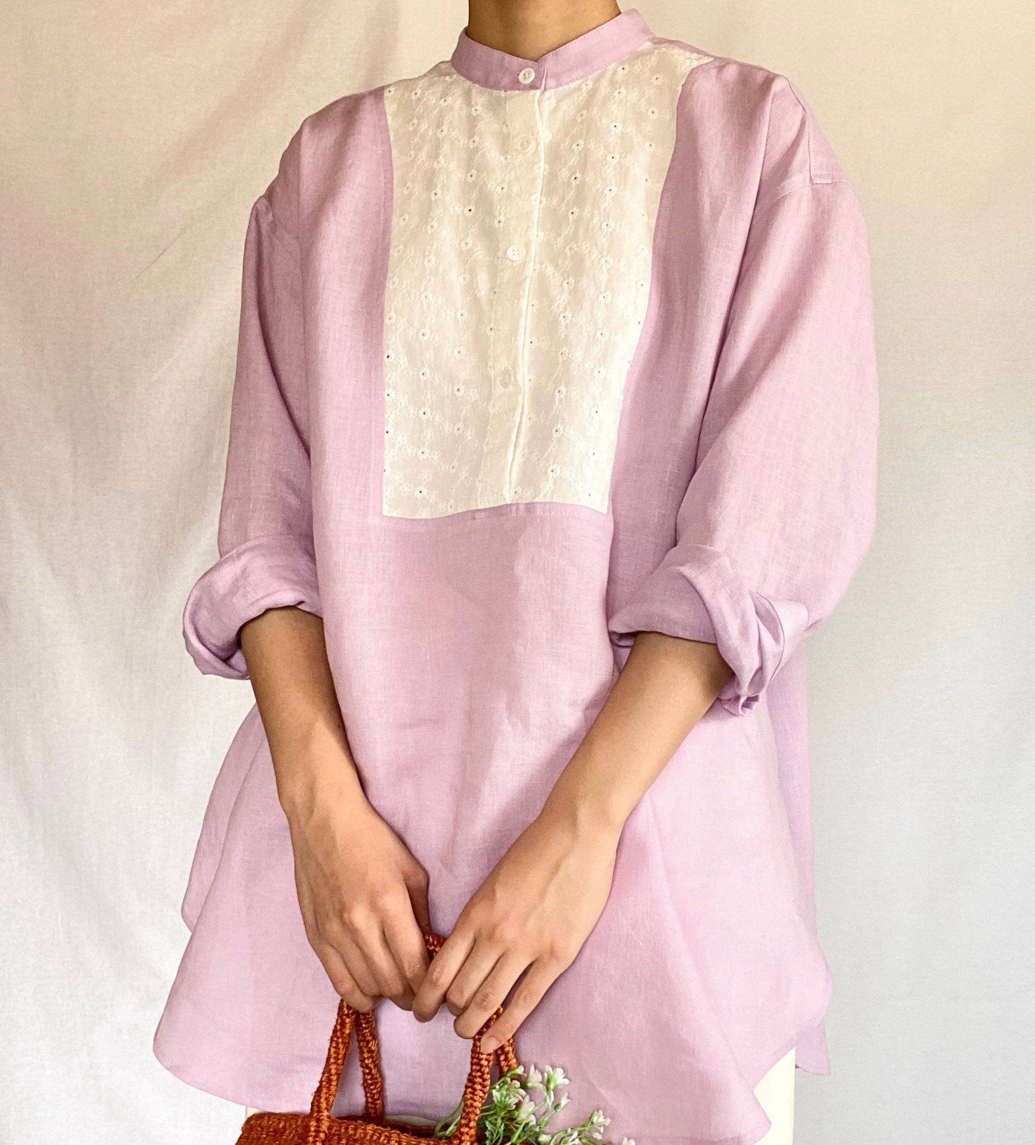 《 願うあの子の Tunic Shirt 》05/リネン/ラベンダー/薄紫/刺繍/小花柄/チュニック/シャツ