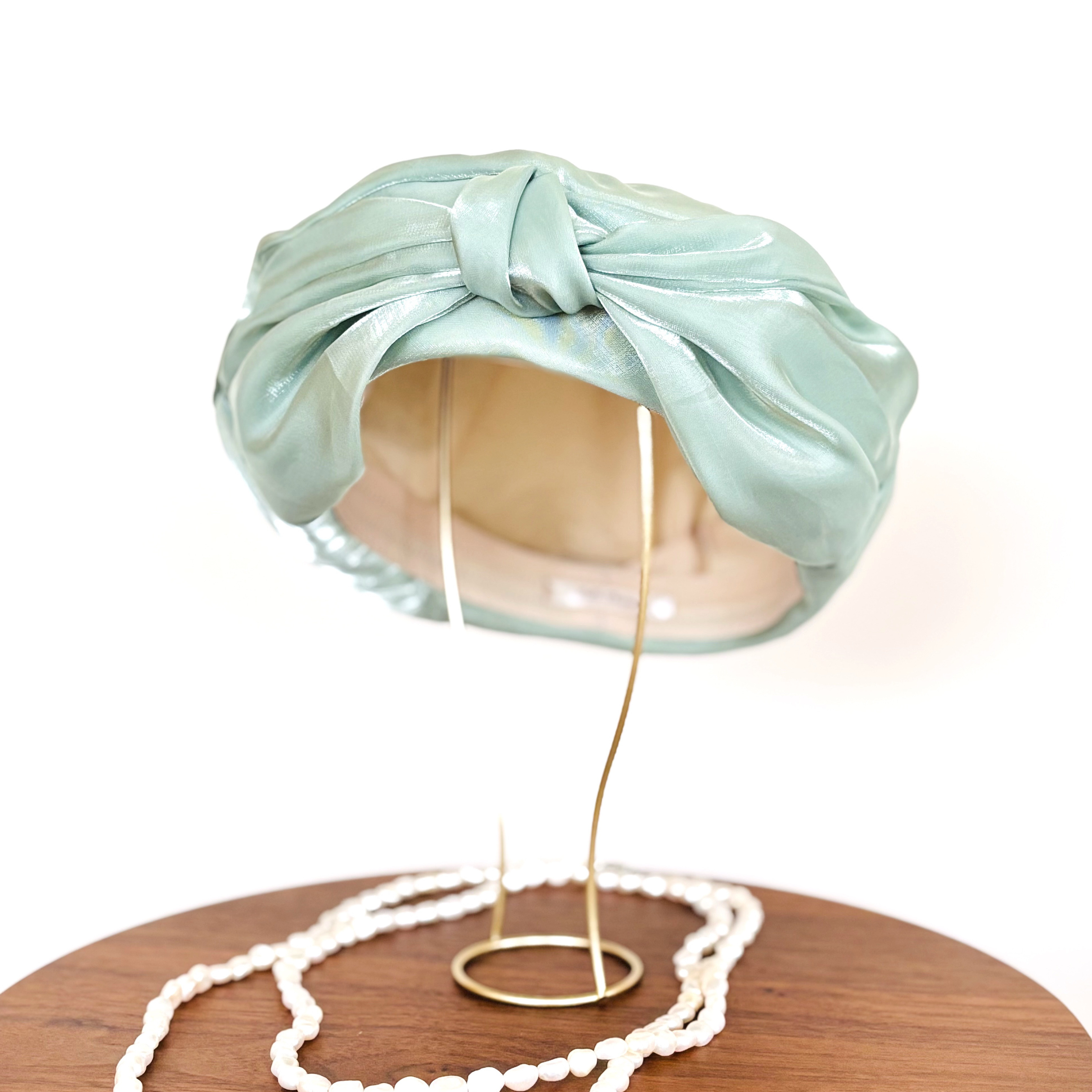【シルク風オーガンジーのリボンベレー帽　ミントグリーン　春夏レディース帽子】ターバン　ギフト　上品　大きめ　綺麗め