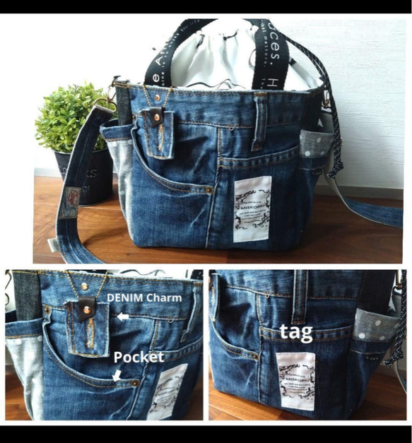 №721【レア✨️Dots DENIM✖️北欧巾着ToteBAG⚮̈♡✨️】デニムリメイクトートバッグ♫水玉柄♥ 3枚目の画像