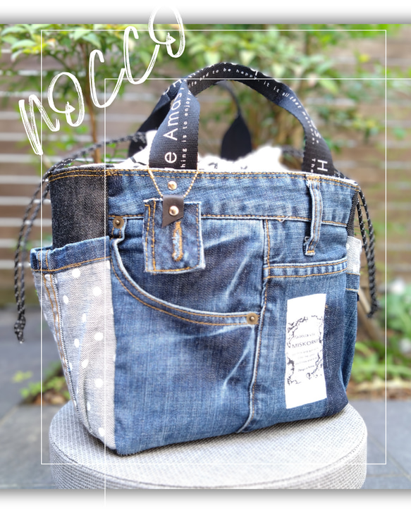 №721【レア✨️Dots DENIM✖️北欧巾着ToteBAG⚮̈♡✨️】デニムリメイクトートバッグ♫水玉柄♥ 1枚目の画像