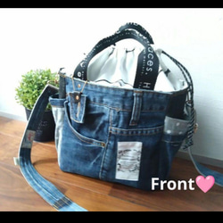 №721【レア✨️Dots DENIM✖️北欧巾着ToteBAG⚮̈♡✨️】デニムリメイクトートバッグ♫水玉柄♥ 2枚目の画像
