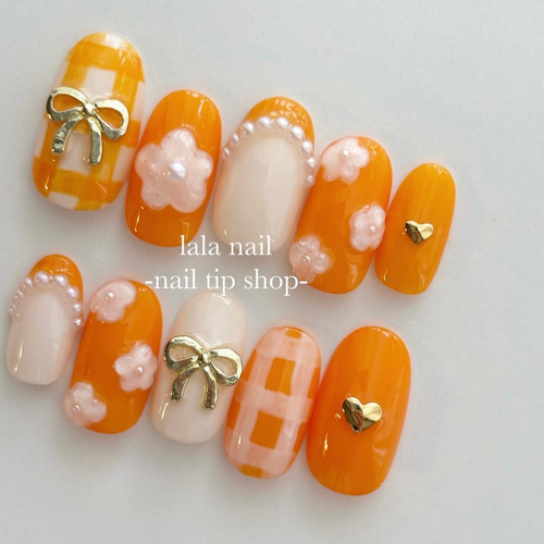 【@シトラス】ネイルチップ５品 ネイルチップ ぷっくりフラワーネイル オレンジネイル ネイル