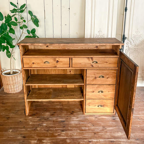 ドッグサロン向けL字カウンター（W1300ブラウン）スイングドア付き