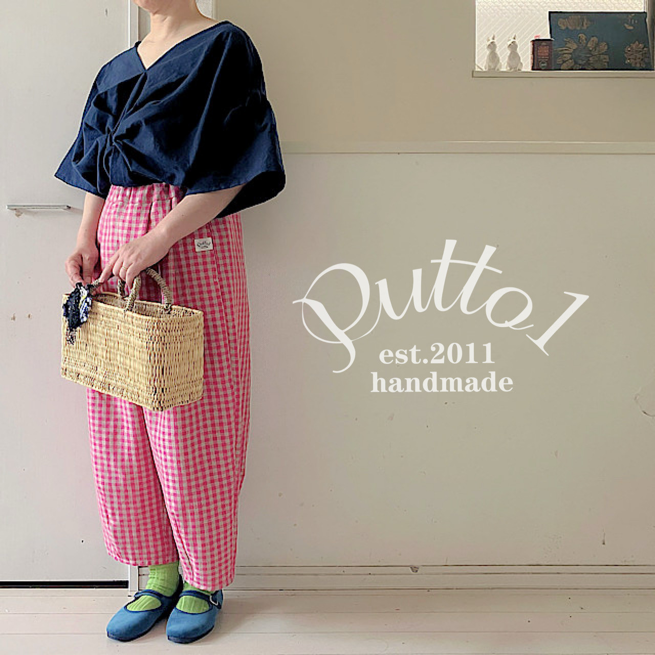 ちょっぴり訳あり・ちょっぴりお値下げ「受注生産」リネン100%/ピンク×生成りのギンガム・楽ちんバレルパンツ