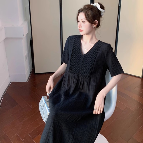 綿麻ゆったりポケット付き黒ワンピース 2025年新作通勤アウトドア旅行