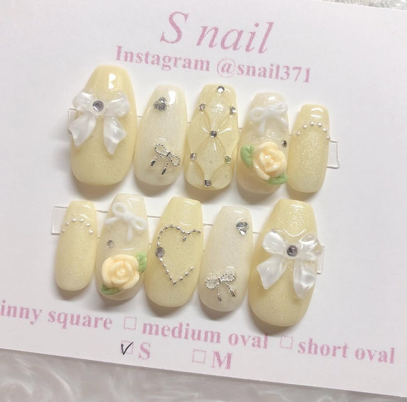 ネイルチップ 黄色 イエロー リボン バラ フレンチガーリー