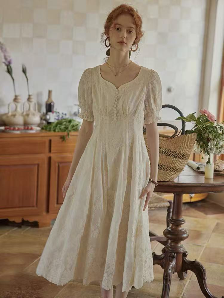 刺繍生地　半袖ワンピース　ロングワンピース　ハイウェスト  裏地付き