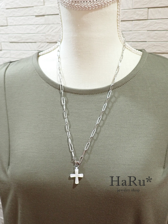 宝石質シェル（クロス／十字架）☆サージカルステンレスネックレス（5WAY）S 6枚目の画像