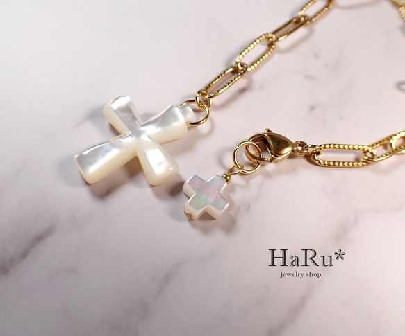 宝石質シェル（クロス／十字架）☆サージカルステンレスネックレス（5WAY）S 8枚目の画像