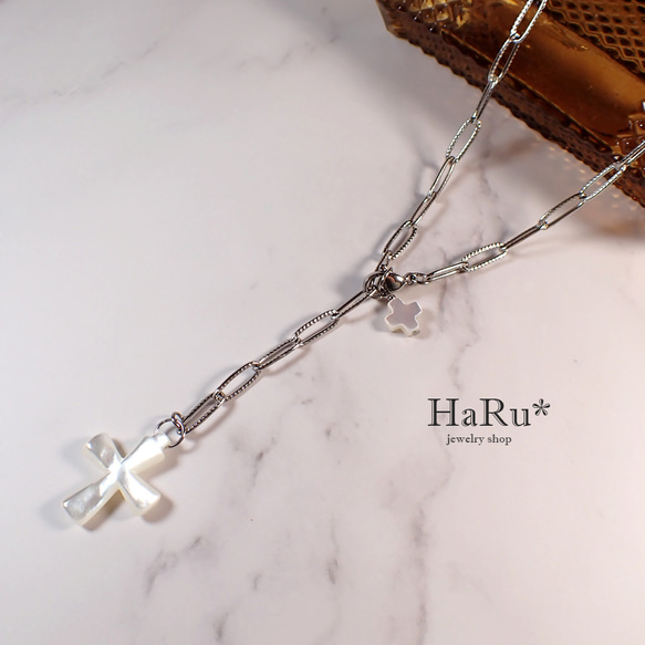 宝石質シェル（クロス／十字架）☆サージカルステンレスネックレス（5WAY）S 3枚目の画像