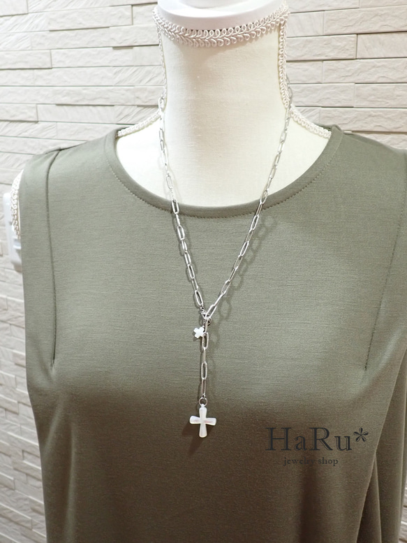宝石質シェル（クロス／十字架）☆サージカルステンレスネックレス（5WAY）S 5枚目の画像