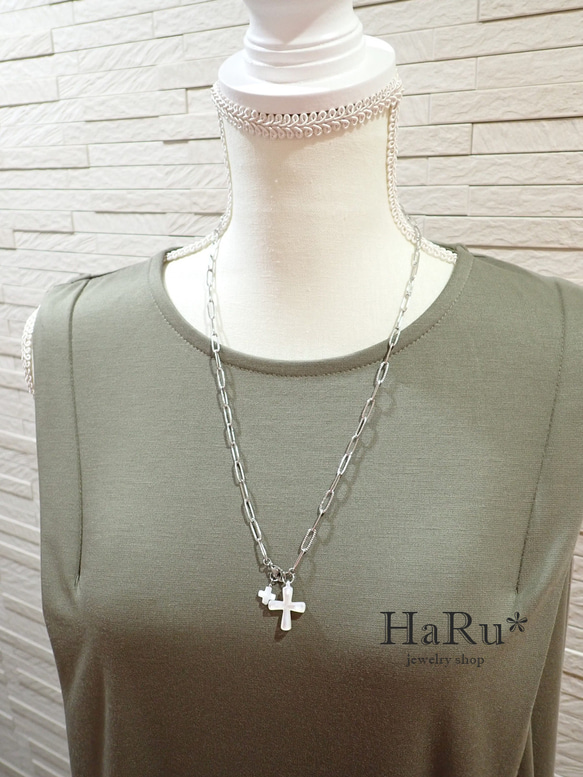 宝石質シェル（クロス／十字架）☆サージカルステンレスネックレス（5WAY）S 7枚目の画像