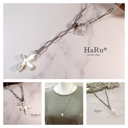 宝石質シェル（クロス／十字架）☆サージカルステンレスネックレス（5WAY）S 2枚目の画像