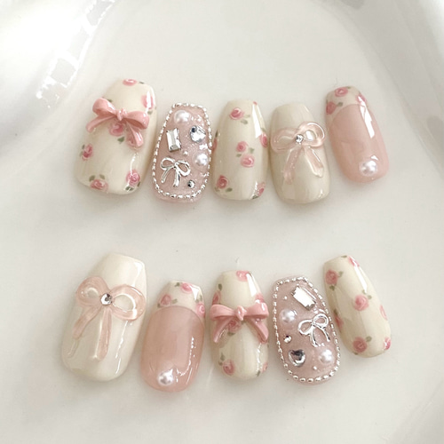 小花柄 ネイルチップ 花柄 リボン ピンク うるうる ぷっくり お花