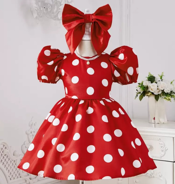 子供ドレス》子供服/お揃いコーデ/コスプレ/赤/ドット柄/水玉/リボン