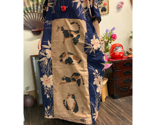 柿渋染 反物【綿浴衣】LL~3L　チュニック・ワンピース　着物リメイク　1918 楽天市場】【新反浴衣アレンジチュニックワンピース】作家一点物