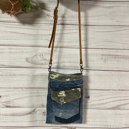 デニムリメイク迷彩スマホショルダーバッグサコッシュbag-0003 スマホ