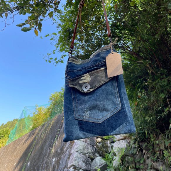 デニムリメイク迷彩スマホショルダーバッグサコッシュbag-0003 スマホ