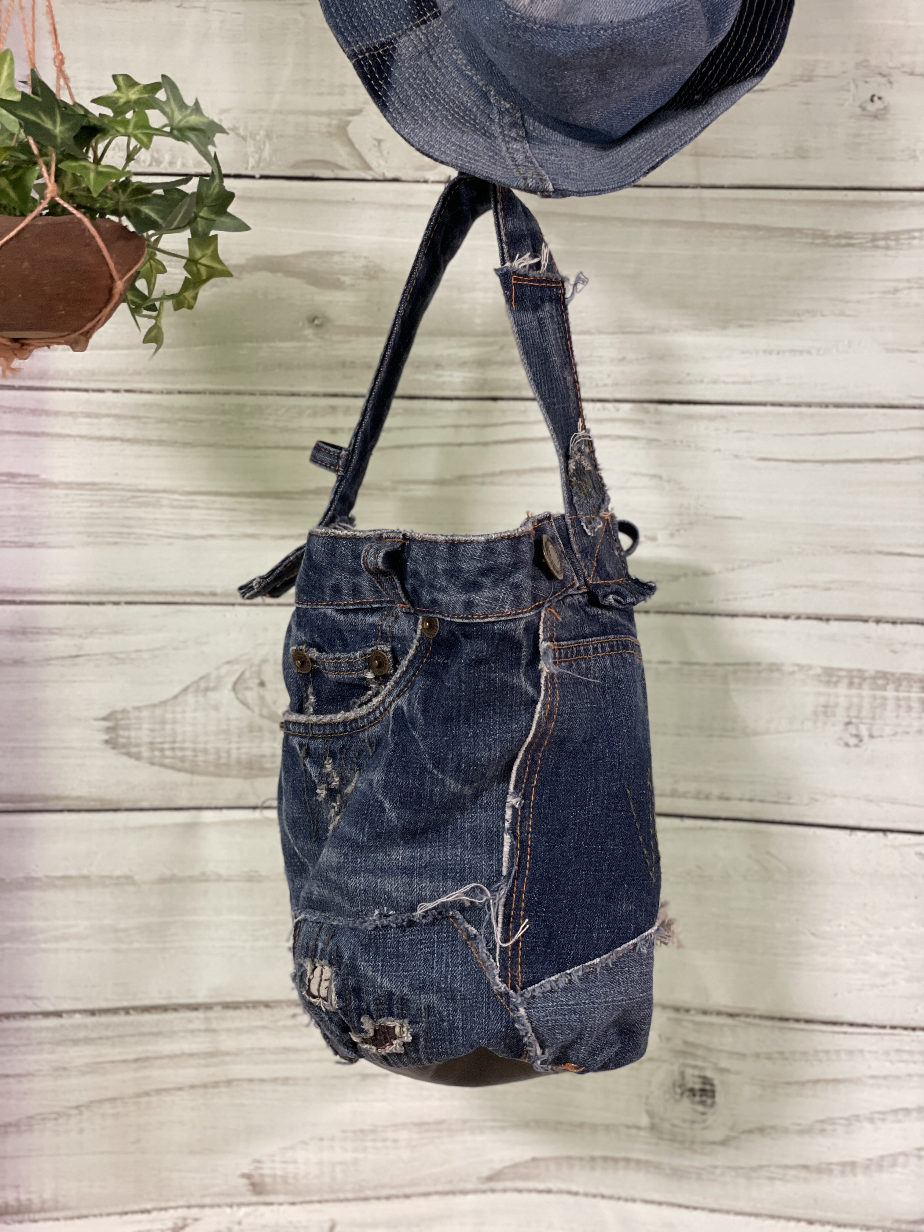 【激安アウトレット!】 リメイクデニムバッグ 渋ブルー和柄パッチbag-0004 トートバッグ バッグ