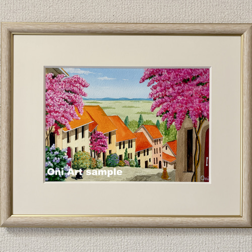 透明水彩画　原画　「花の咲く路地04」額縁付　SMサイズ 透明水彩画 原画 「花の咲く路地04」額縁付 SMサイズ 絵画