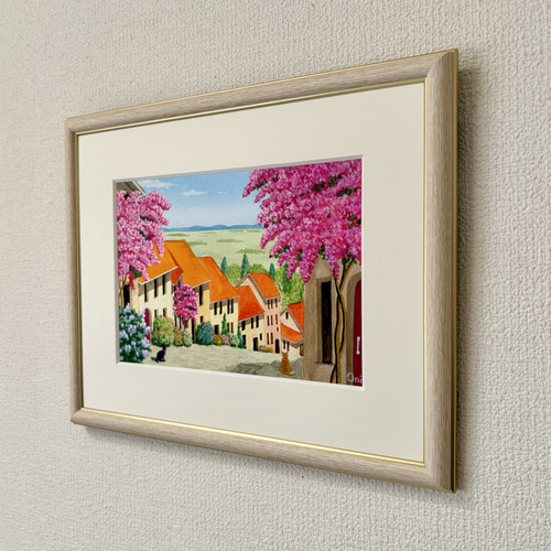 アクリル画　原画　「花の咲く路地12」額縁付　SMサイズ 花の咲く路地12」アクリル画 原画 風景画 額縁付 SMサイズ 絵画
