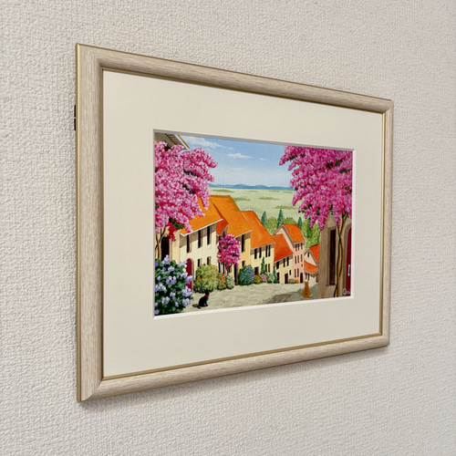 花の咲く路地10」アクリル画 原画 風景画 額縁付 SMサイズ 絵画