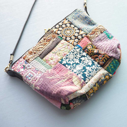 インド布と刺繍リボンの彩りパッチワークバッグ ポシェット Floopa