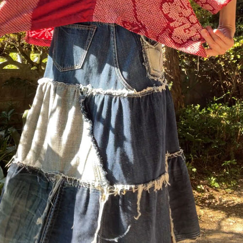 リメイクパッチワークデニム3段ティアードスカートsk-0004 ロング