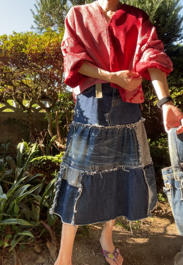 Willfully バックバイカラーパッチワークリメイクデニム スカート