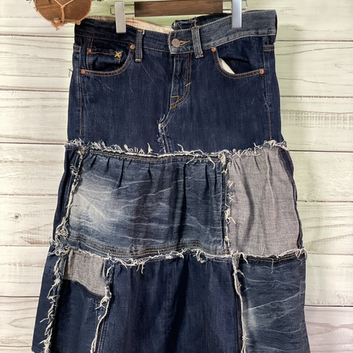 リメイクパッチワークデニム3段ティアードスカートsk-0004 ロング