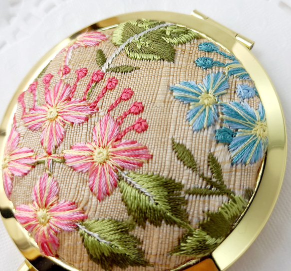 【選べるミニ巾着袋付き】インド刺繍リボンのプッシュ式コンパクトミラー　アジサイ【紫陽花2025】 11枚目の画像