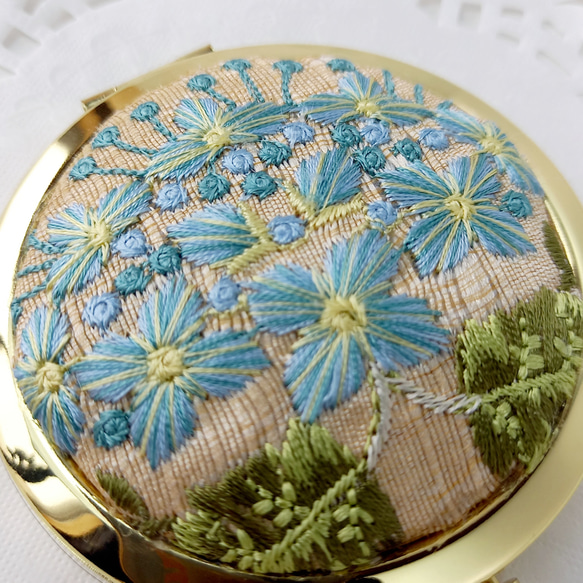 【選べるミニ巾着袋付き】インド刺繍リボンのプッシュ式コンパクトミラー　アジサイ【紫陽花2025】 6枚目の画像