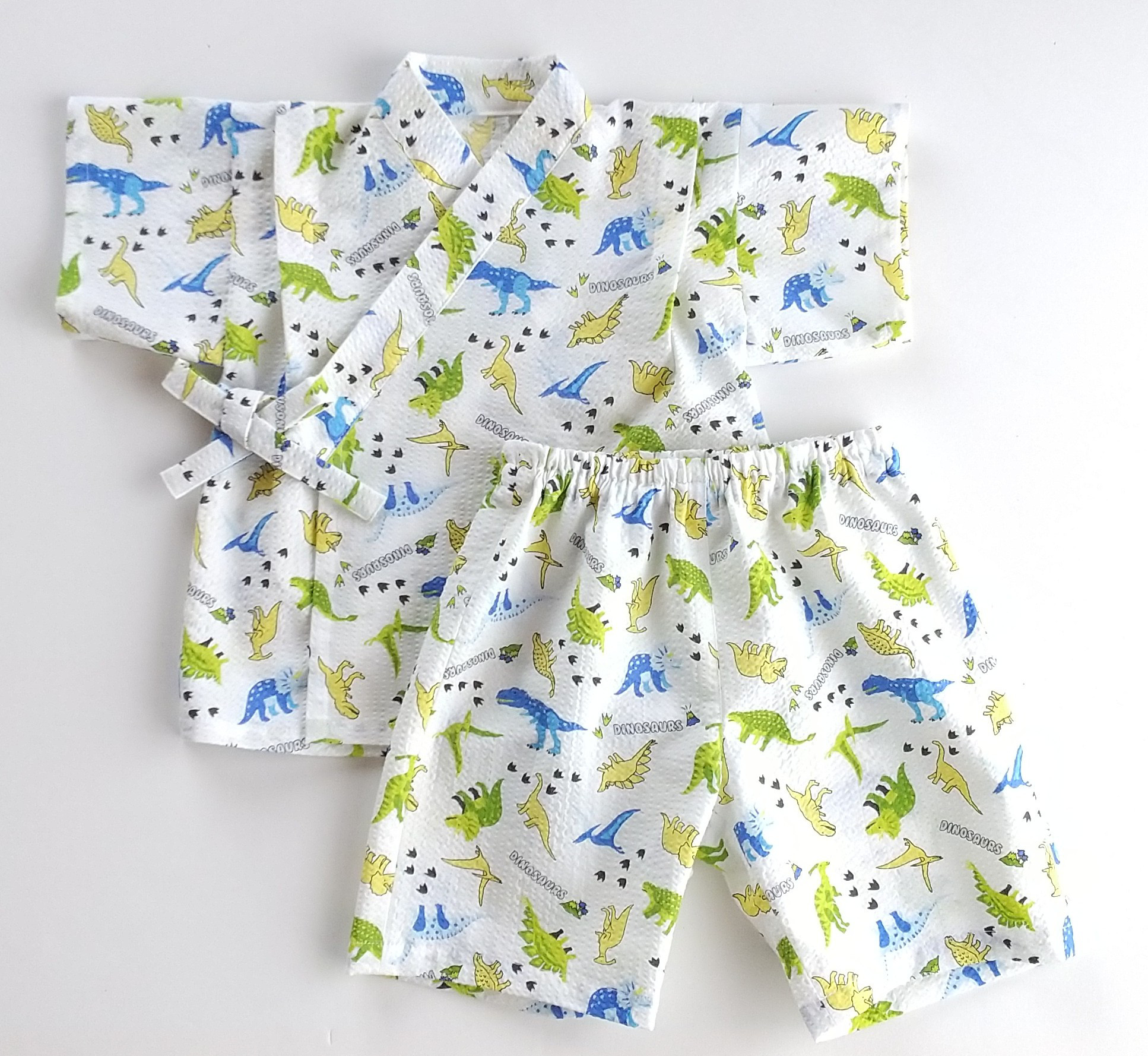 甚平 【90㎝・100㎝】リップル生地の恐竜柄(白地)