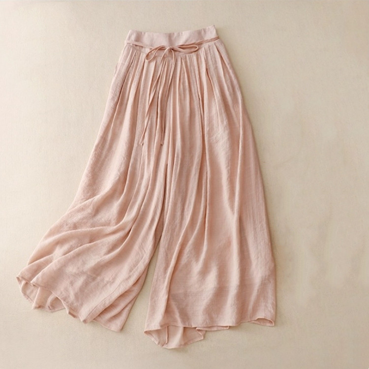 大人っぽ上品綿麻ワイドパンツ 背面ゴム 快適 こなれ感 ストレッチ ルーズ イージー