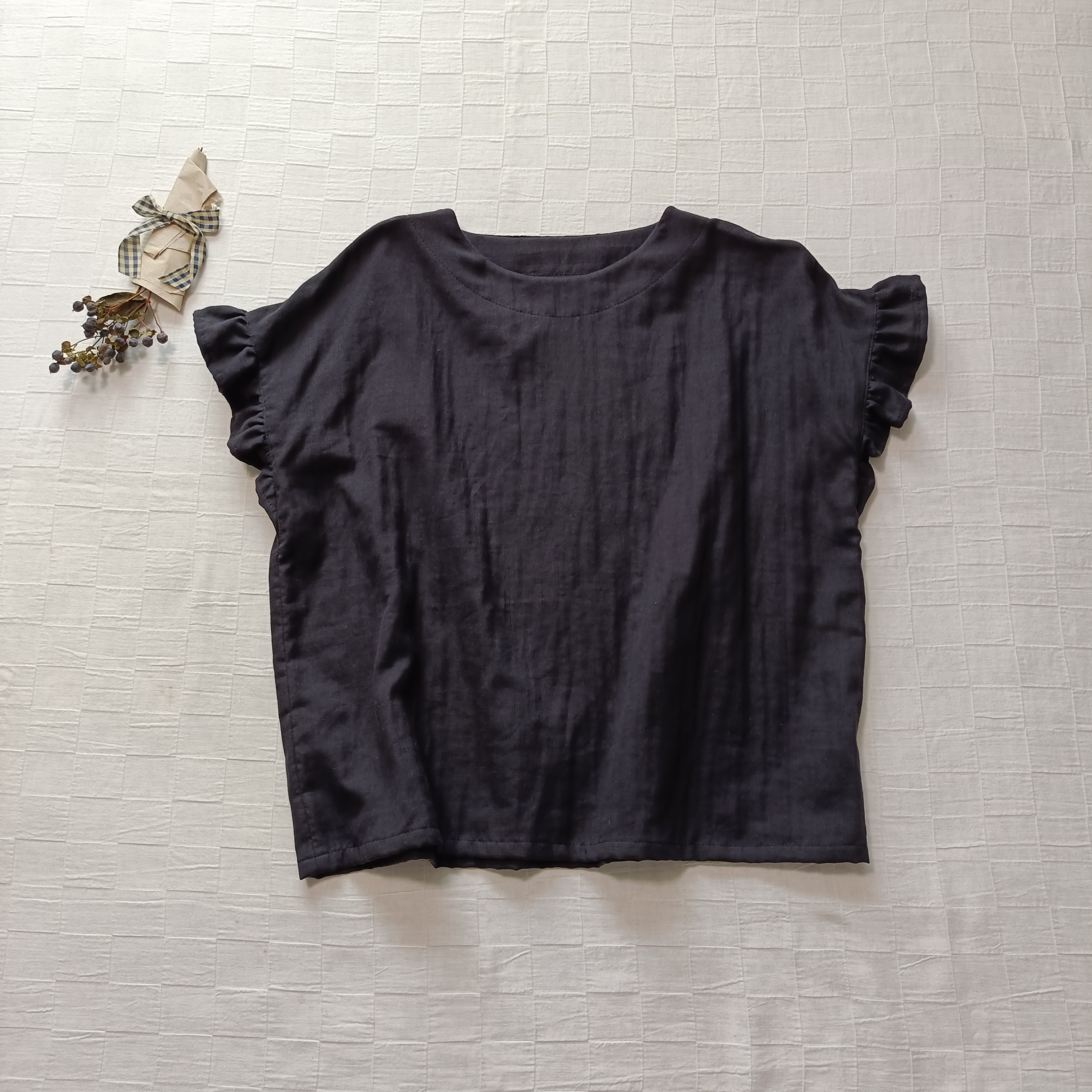 フリル袖ブラウス　ブラック　柔らかダブルガーゼ　日本製