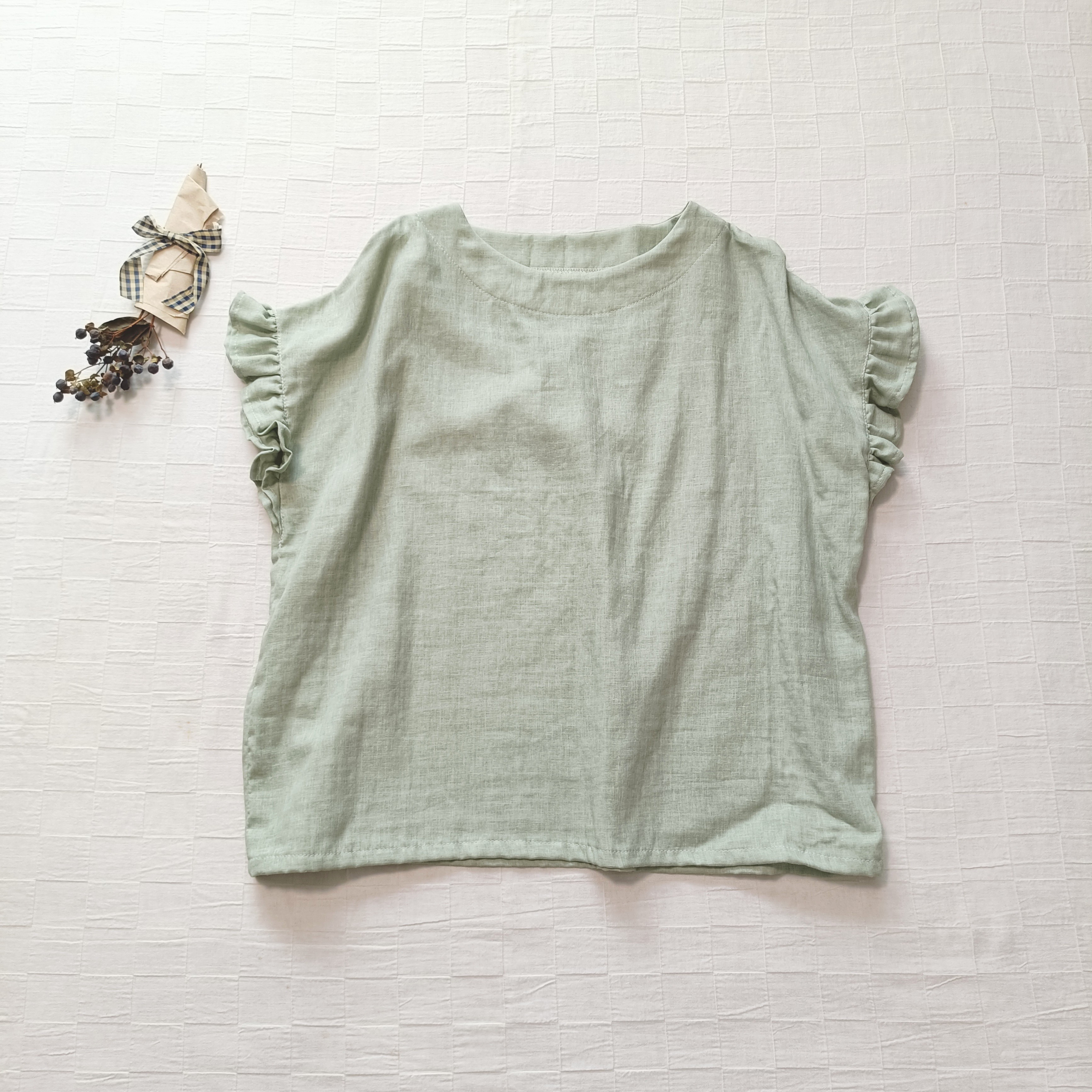 フリル袖ブラウス　セージグリーン　柔らかダブルガーゼ　日本製